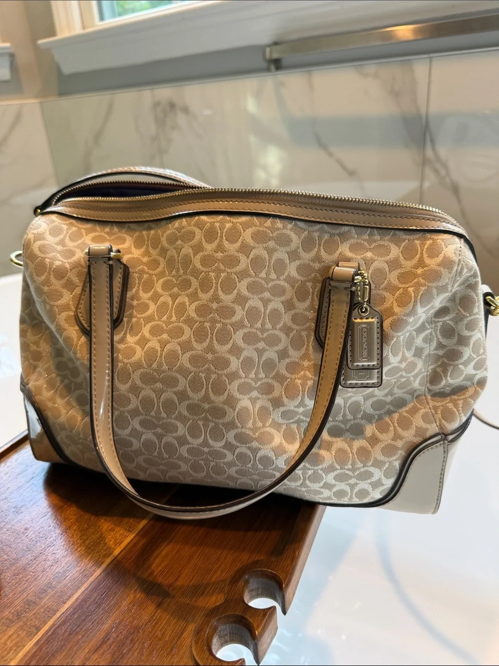 Coach Khaki and Chalk Signature Canvas Satchel